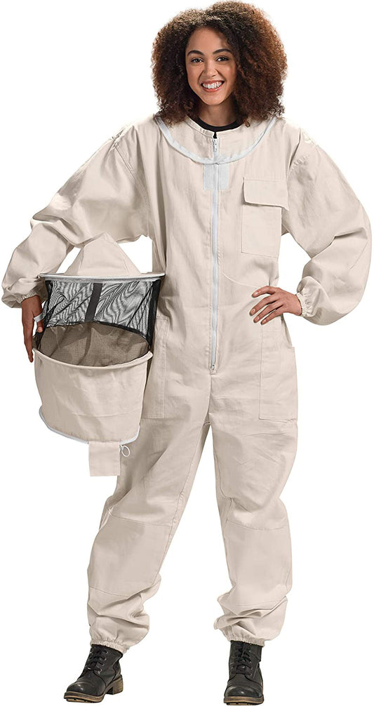 Person wearing a beige beekeeping suit with a hat and gloves on a white background