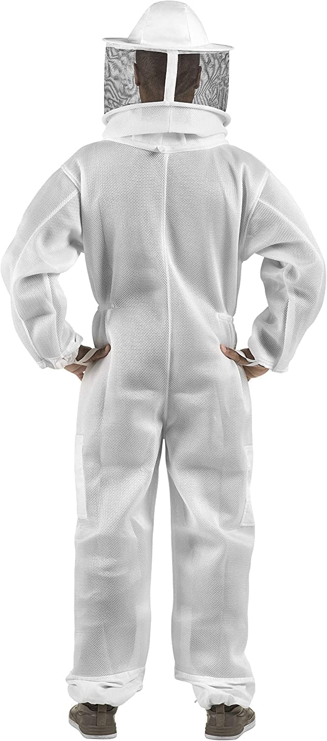 A person wearing a white beekeeping suit with a face veil, shown from the back against a plain white background.