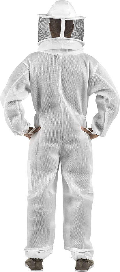 A person wearing a white beekeeping suit with a face veil, shown from the back against a plain white background.