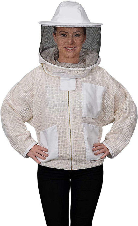 A women is wearing summer beige jacket with round veil its 3 layer design and light weight 