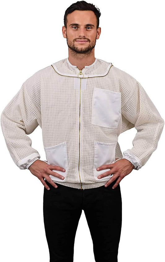 A man wearing a white and beige waffle-textured zip-up jacket with white front pockets, standing against a plain white background.