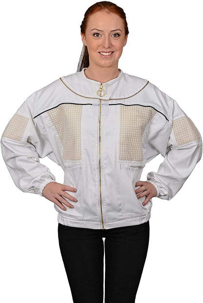 A woman modeling a white bomber jacket with beige checkered panels on the chest and sleeves, black piping details, and a gold zipper, paired with black pants against a white background.