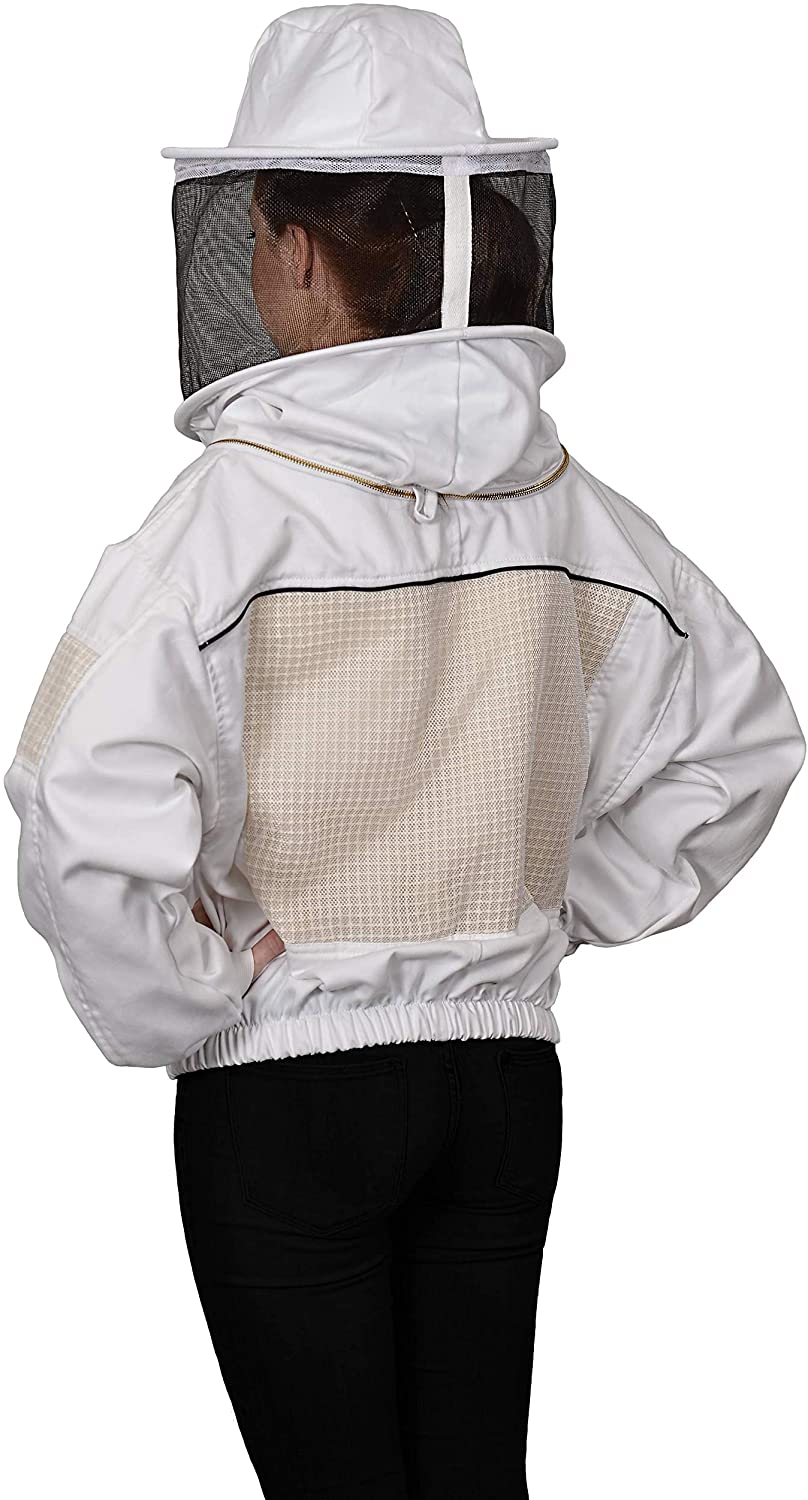 A person shown from the back wearing a white beekeeping jacket with a mesh veil hood, a beige grid-patterned back panel, and black pants against a plain white background.
