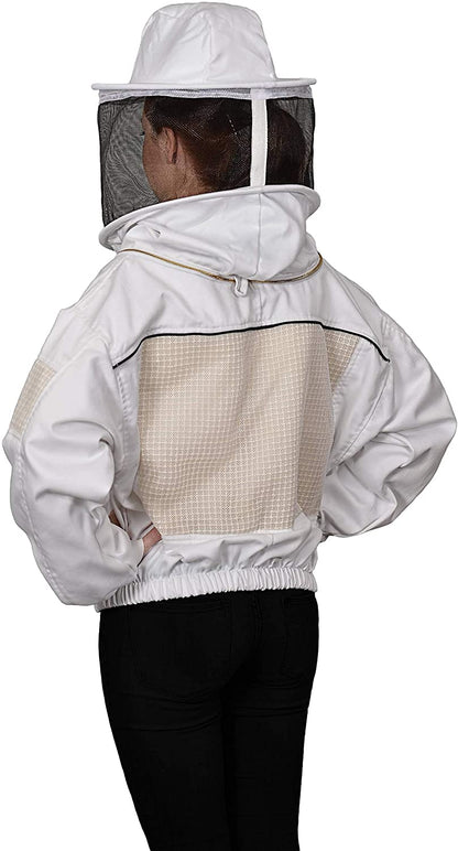 A person shown from the back wearing a white beekeeping jacket with a mesh veil hood, a beige grid-patterned back panel, and black pants against a plain white background.