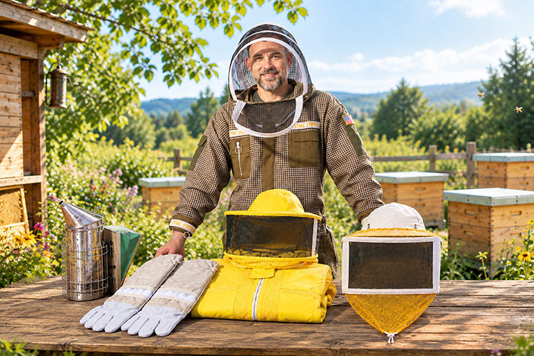 A man wearing a Stingguard pro suit stands behind a table displaying various beekeeping accessories, including a yellow hood, a white face shield, gloves, and a smoker, with a sunny outdoor beehive yard in the background.
