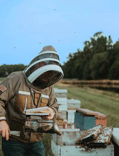A person wearing a full beekeeping suit with a mesh face shield tends to beehives in an outdoor apiary, with bees visible and trees in the background.