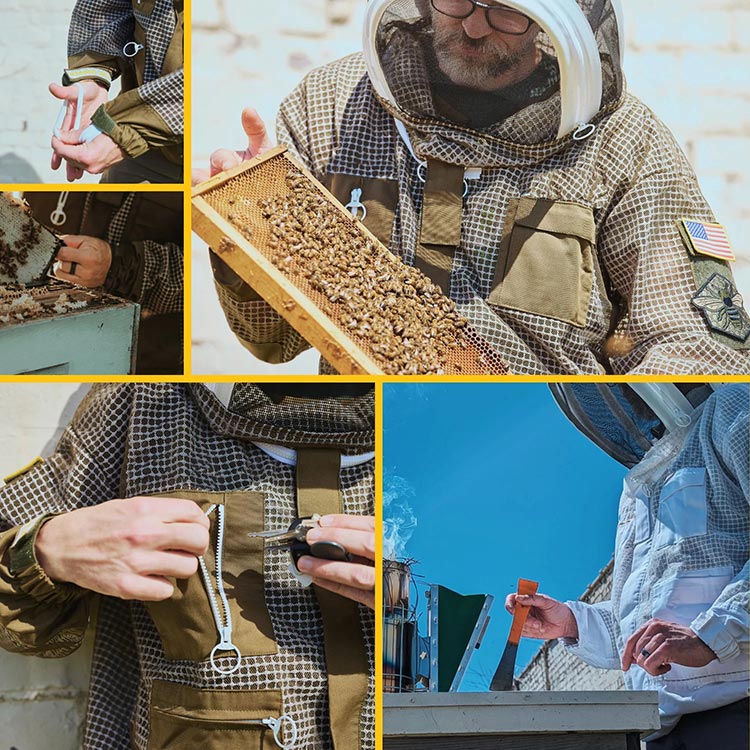 A five-panel collage showing a person wearing a brown and beige checkered beekeeping jacket and veil, handling honeybee frames, using tools, and working outdoors near beehives under a blue sky.