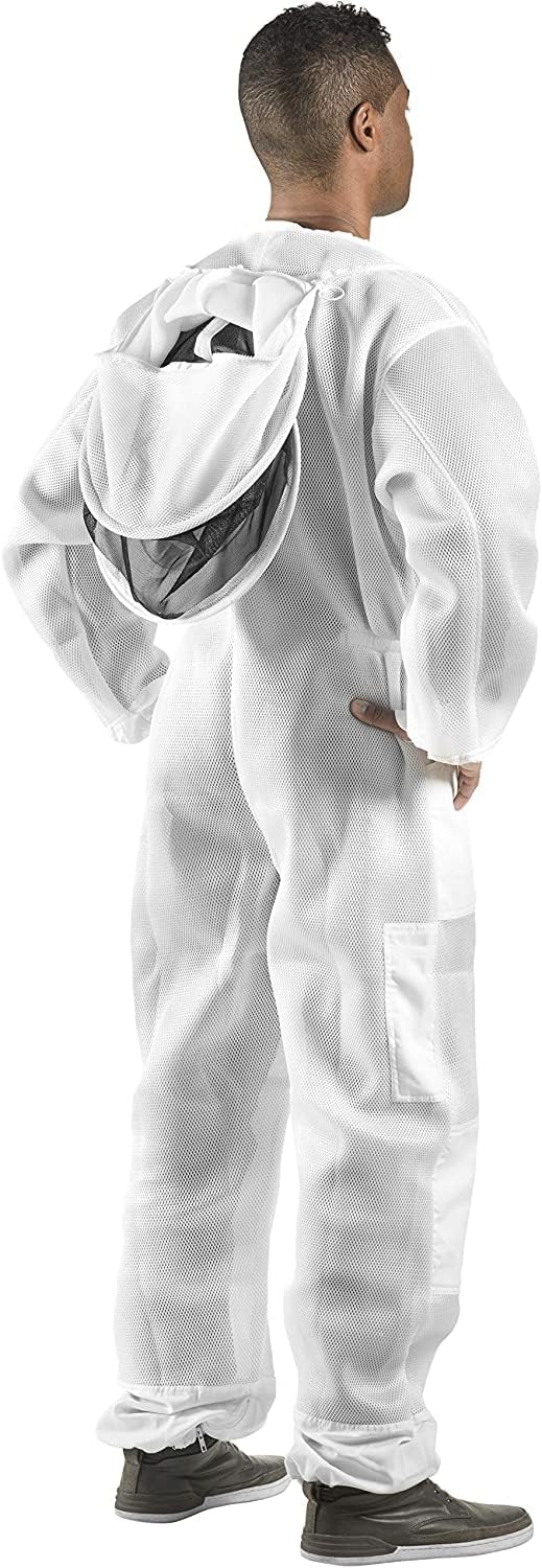 Person wearing a white beekeeping suit with a hood on a white background